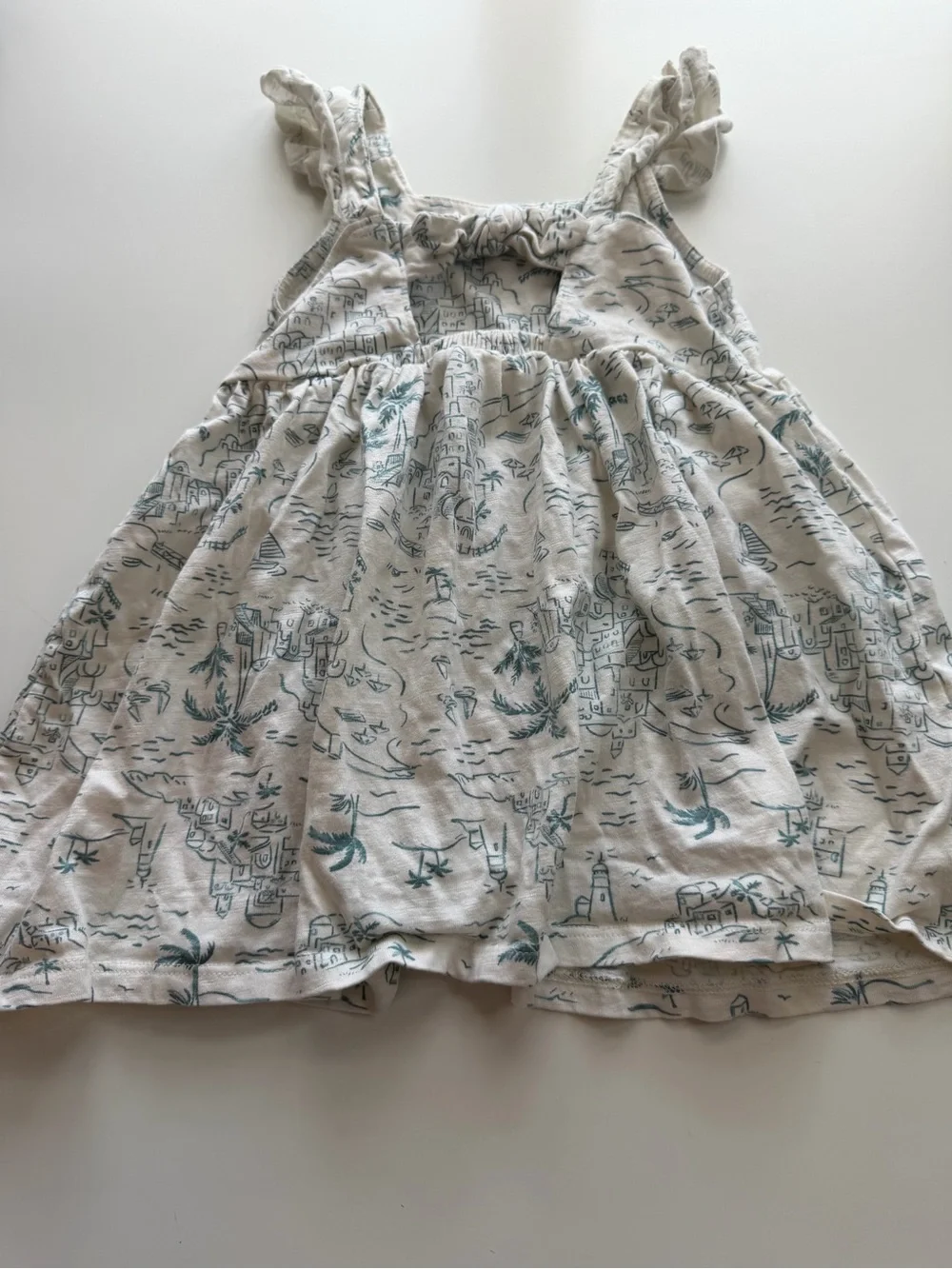 Cream Ruffled Sundress with Teal Scenic Print for Girls